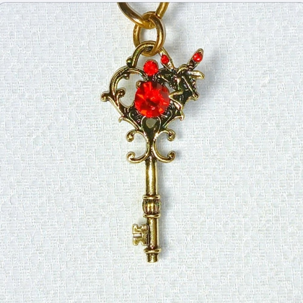 Vintage Bronze Enchanted Fairy Key Charm Necklace Red Gems Messy Coquette Bling